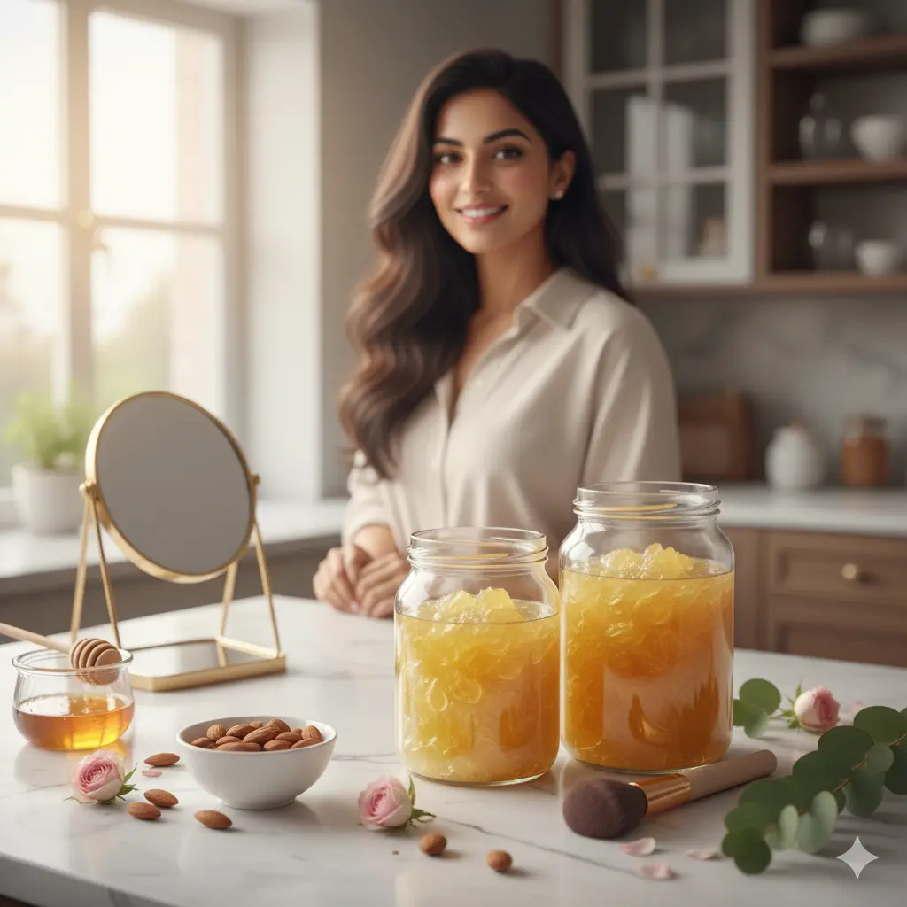 Desi Ghee Benefits for Female — golden ghee jars surrounded by natural beauty and wellness elements symbolizing women’s health.