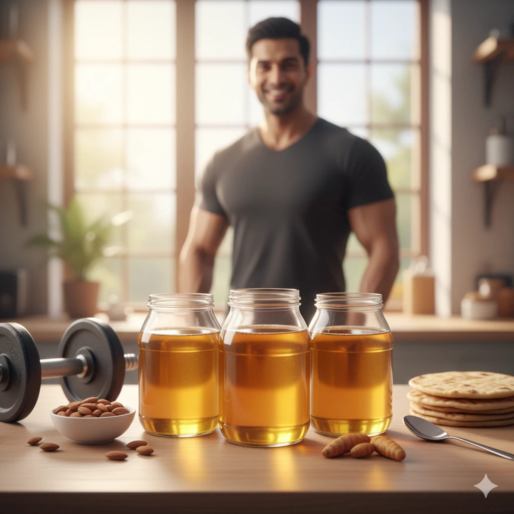 Desi Ghee Benefits for Male — pure ghee jars with almonds and dumbbell symbolizing men’s strength and stamina.