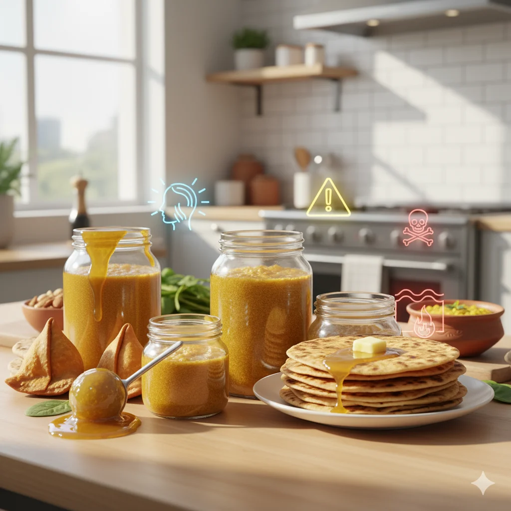 Pure golden desi ghee jar showing both benefits and side effects — healthy foods and fried items symbolizing a balanced guide to pure health in 2025.