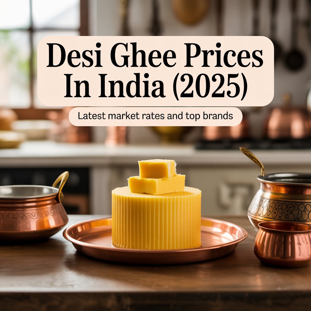 ghee on a wooden kitchen table, surrounded by indian copper